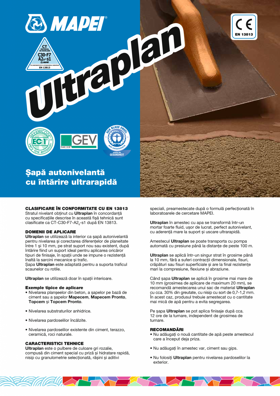 Pagina 1-Sapa autonivelanta cu intarire ultrarapida MAPEI ULTRAPLAN Fisa tehnica Romana Șapă autonivelantă...