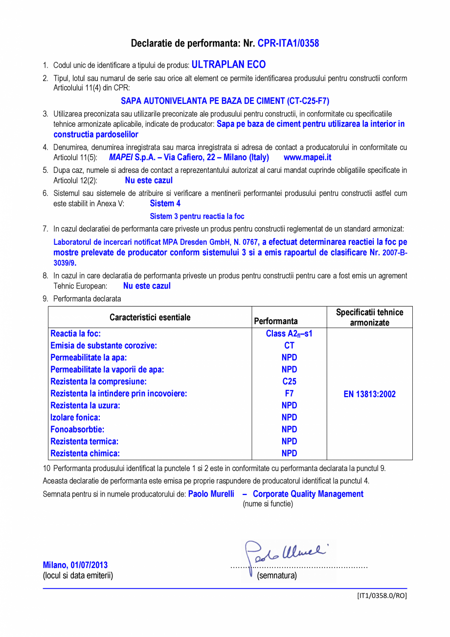Pagina 1-Declaratie de performanta - Sapa pe baza de ciment pentru utilizarea la interior in constructia...