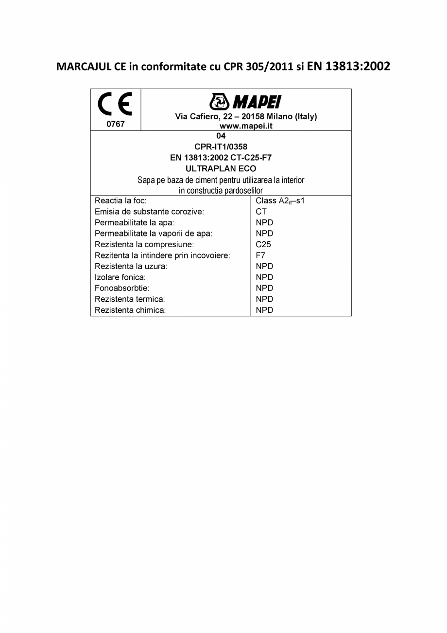Pagina 2-Declaratie de performanta - Sapa pe baza de ciment pentru utilizarea la interior in constructia...