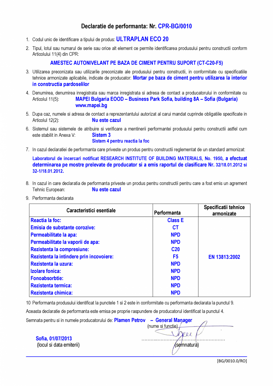 Pagina 1-Declaratie de performanta - Mortar pe baza de ciment pentru utilizarea la interior in constructia...