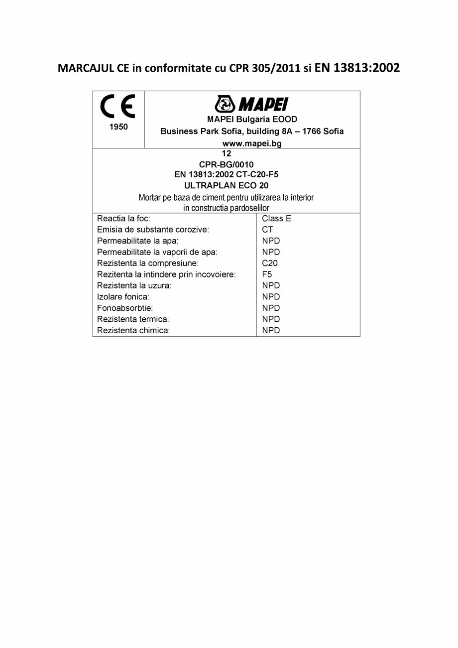 Pagina 2-Declaratie de performanta - Mortar pe baza de ciment pentru utilizarea la interior in constructia...