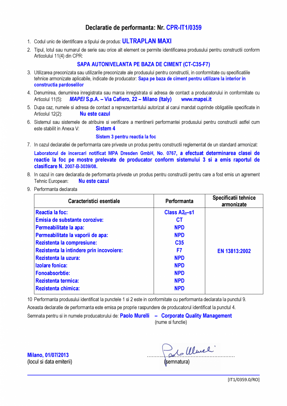 Pagina 1-Declaratie de performanta - Sapa pe baza de ciment pentru utilizare la interior in constructia...