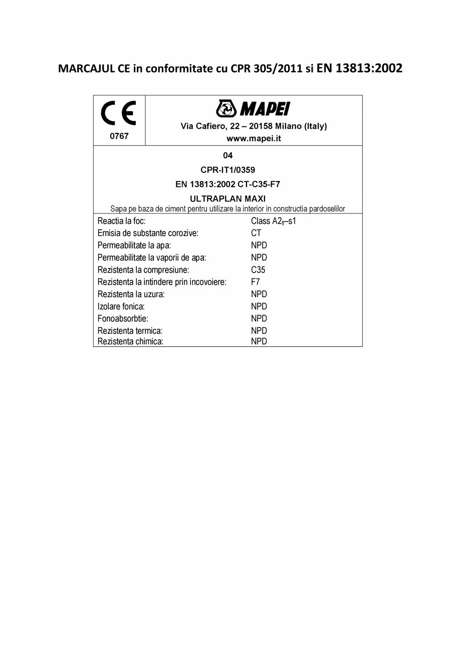 Pagina 2-Declaratie de performanta - Sapa pe baza de ciment pentru utilizare la interior in constructia...