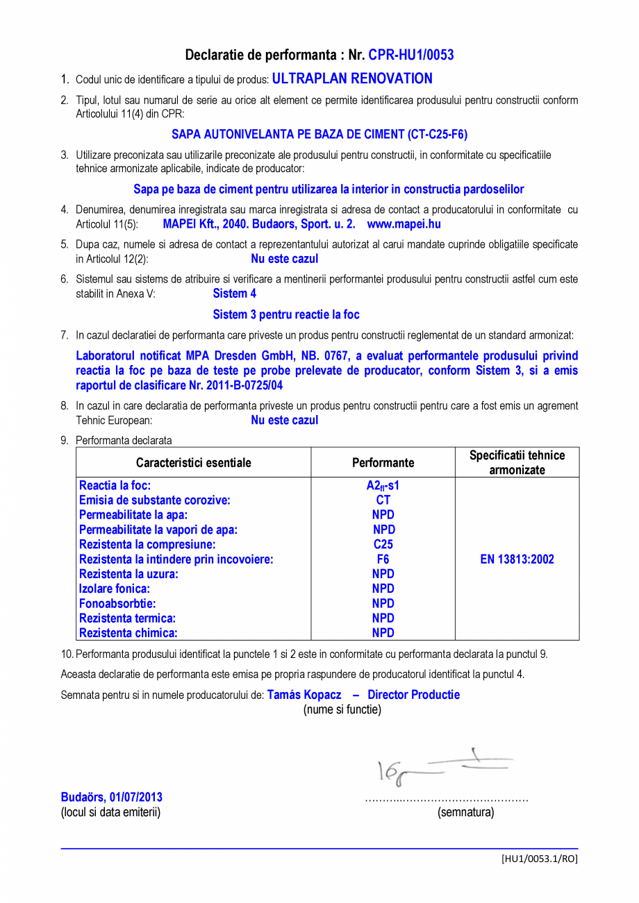 Pagina 1-Declaratie de performanta - Sapa pe baza de ciment pentru utilizarea la interior in constructia...
