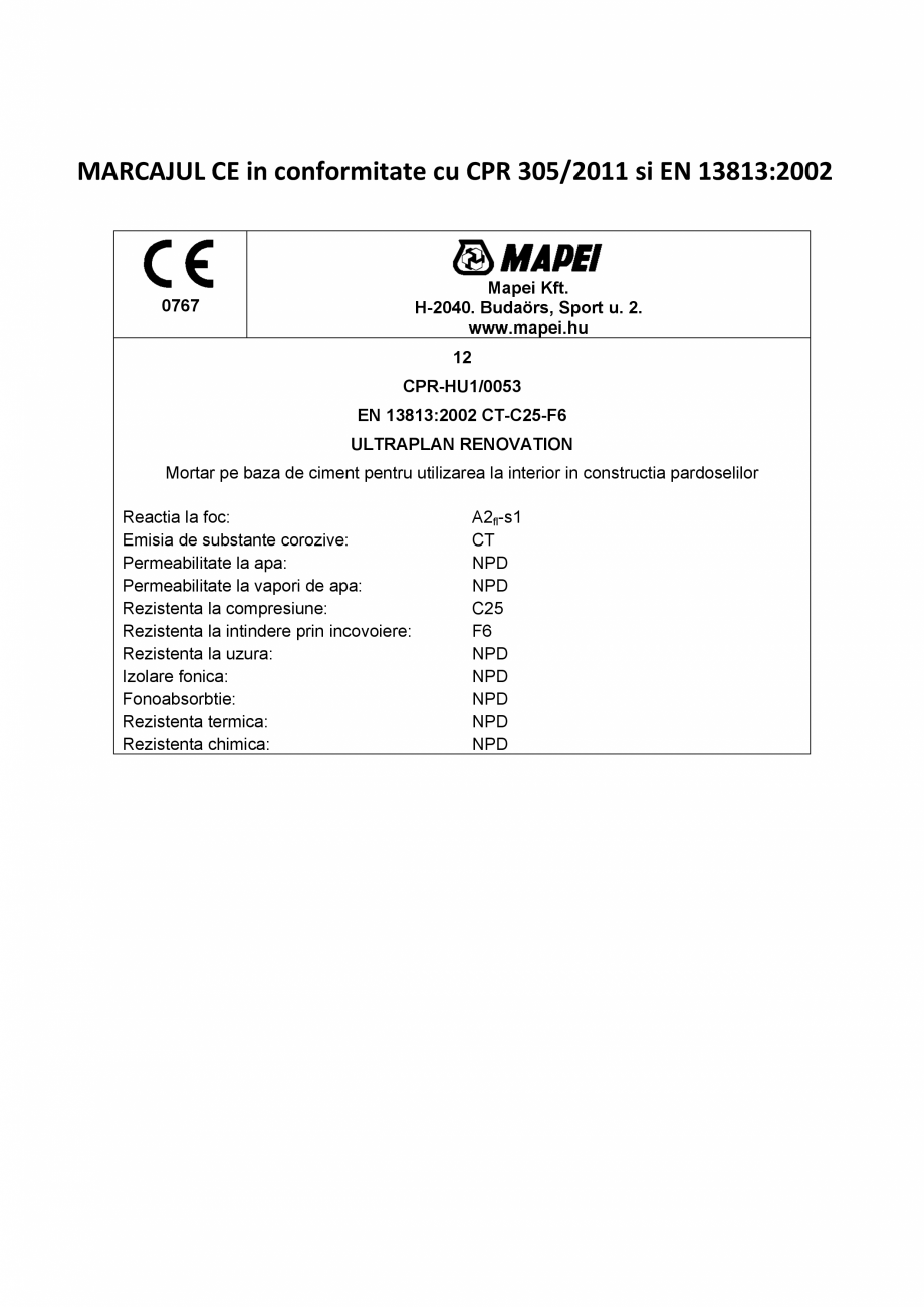 Pagina 2-Declaratie de performanta - Sapa pe baza de ciment pentru utilizarea la interior in constructia...