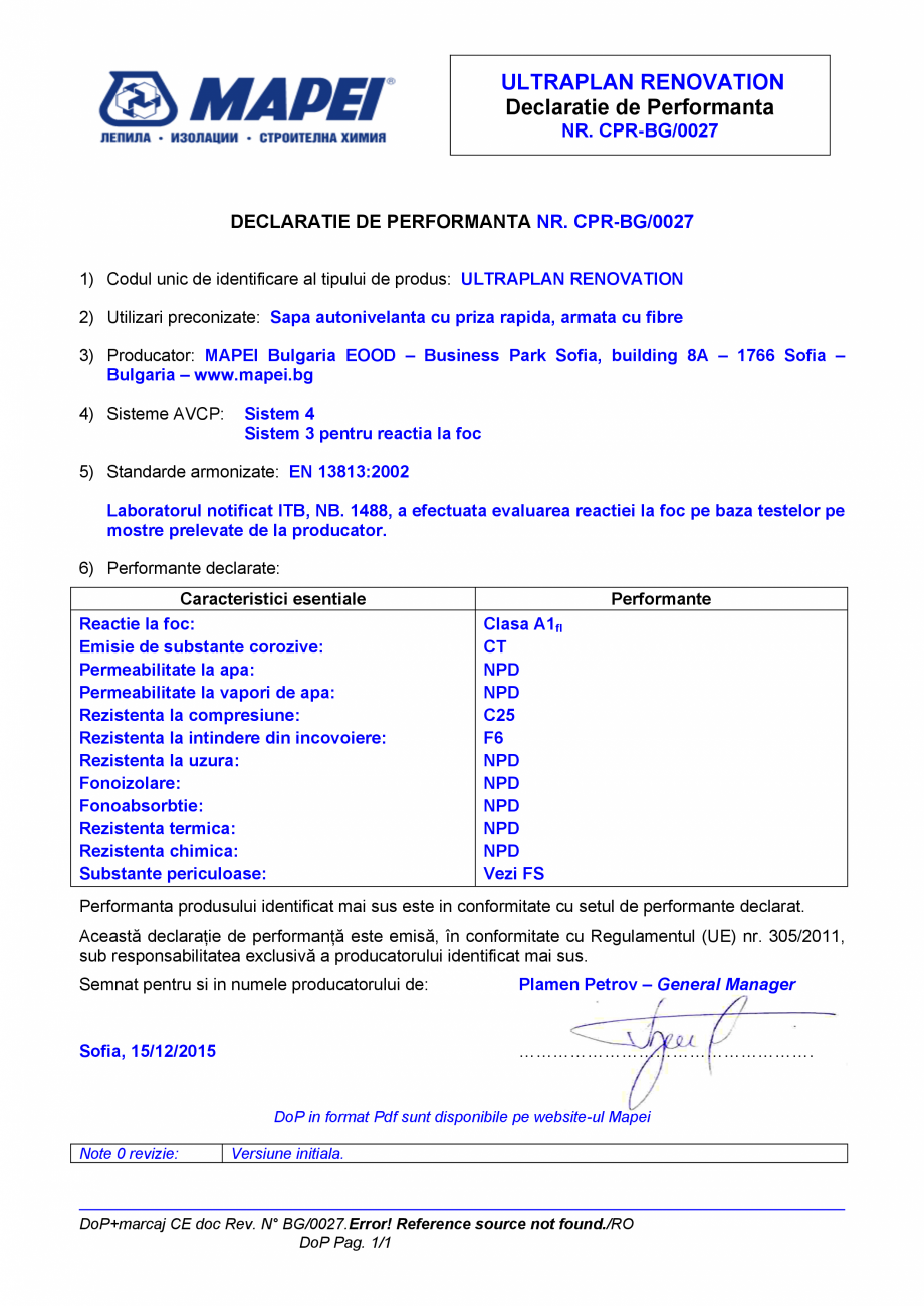 Pagina 1-Declaratie de performanta - Sapa autonivelanta cu priza rapida, armata cu fibre MAPEI ULTRAPLAN...