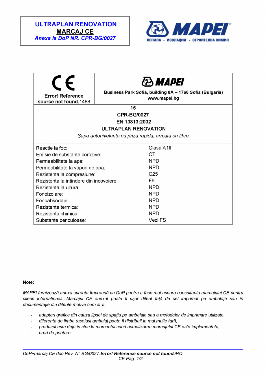 Pagina 2-Declaratie de performanta - Sapa autonivelanta cu priza rapida, armata cu fibre MAPEI ULTRAPLAN...