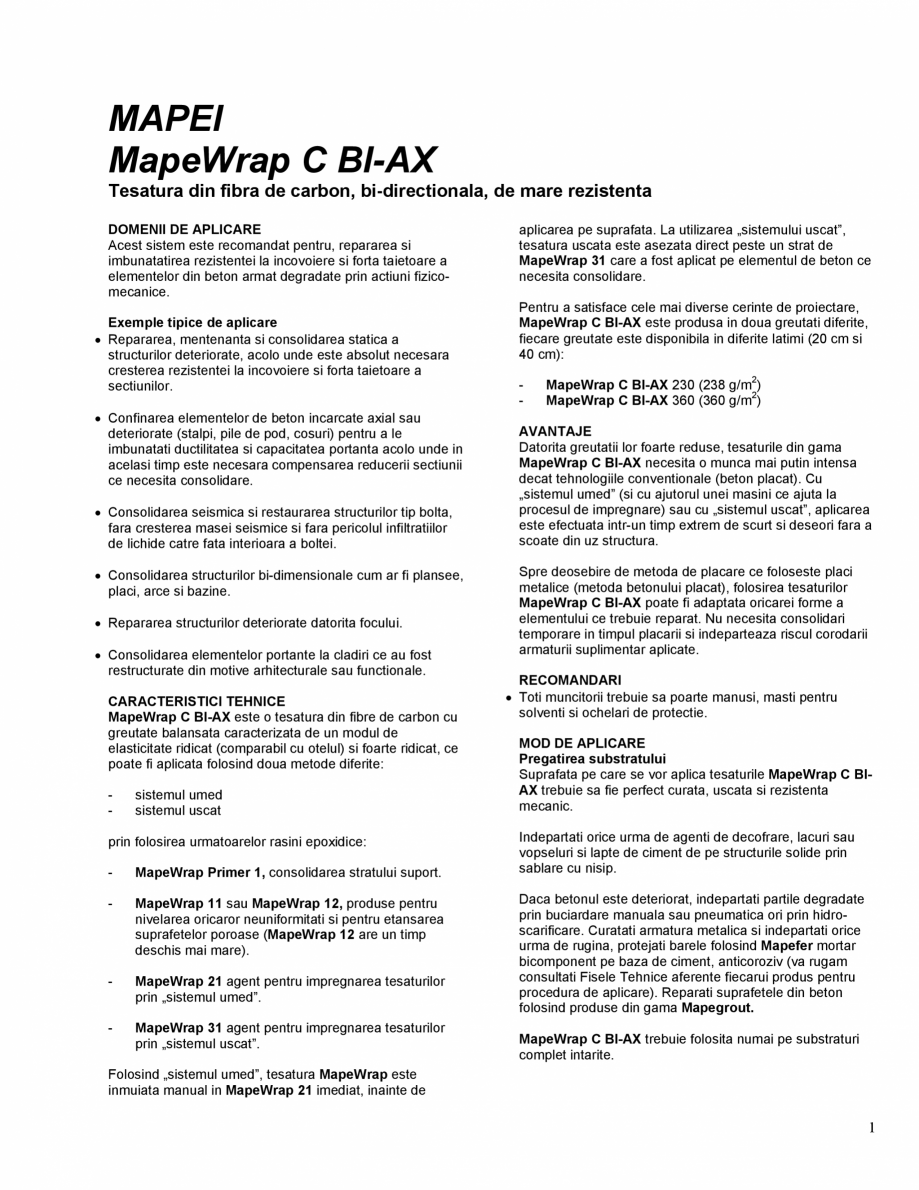 Pagina 1-Tesatura din fibra de carbon bi-directionala de mare rezistenta MAPEI MAPEWRAP C BI-AX Fisa tehnica ...