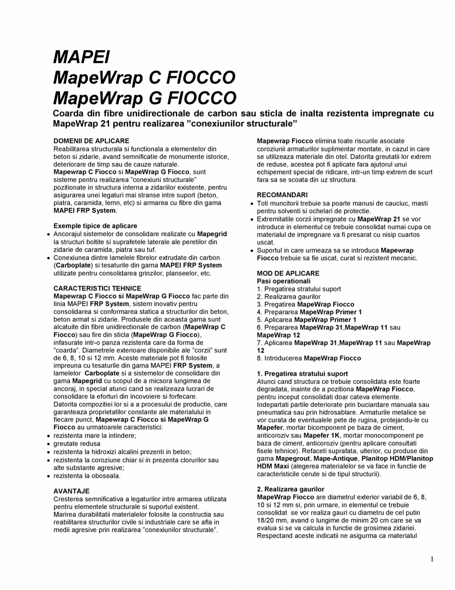 Pagina 1-Coarda din fibre unidirectionale de carbon sau sticla MAPEI MAPEWRAP C FIOCCO Fisa tehnica Romana...