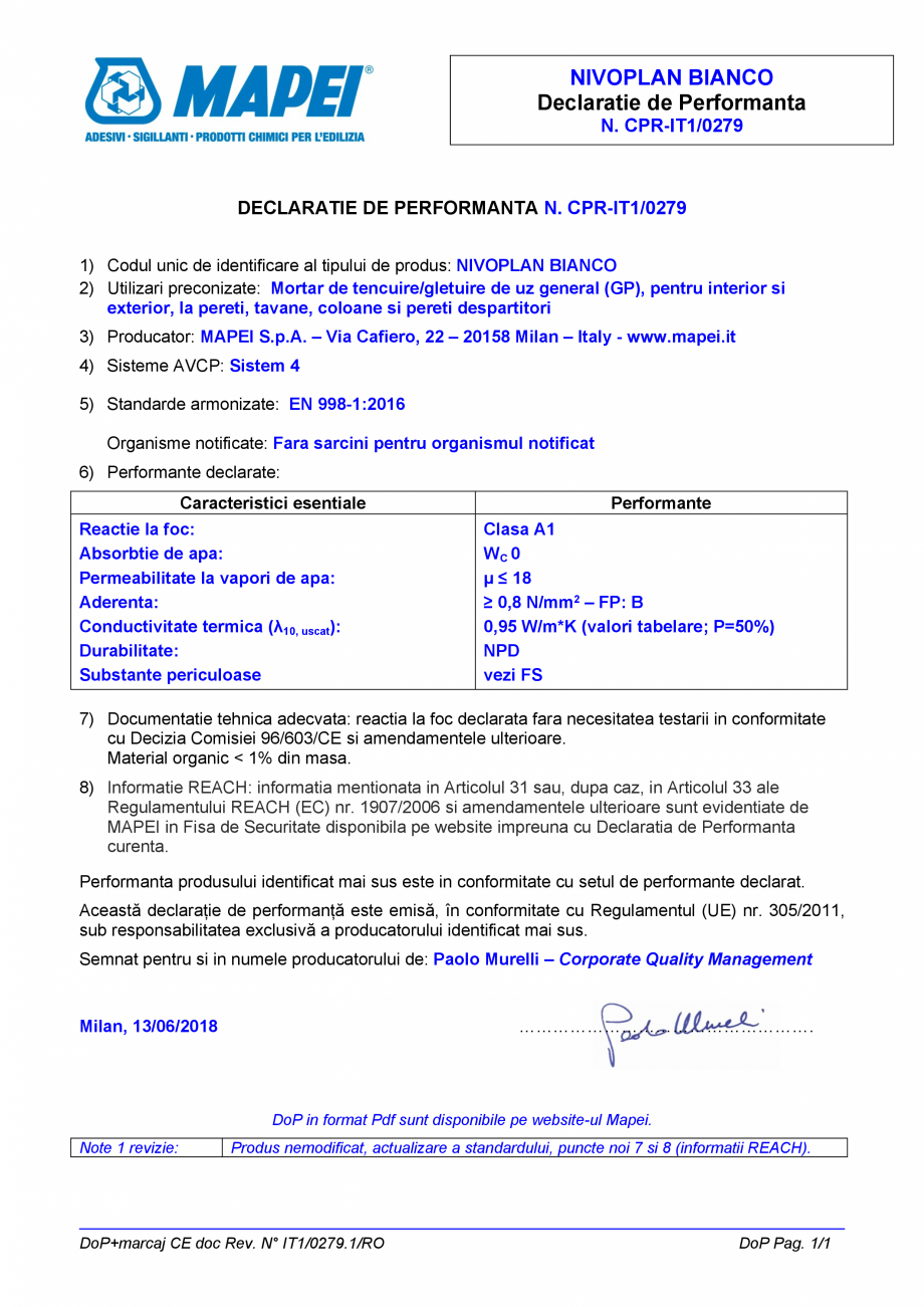 Pagina 1-Declaratie de performanta - Mortar de tencuire/gletuire de uz general (GP), pentru interior si...