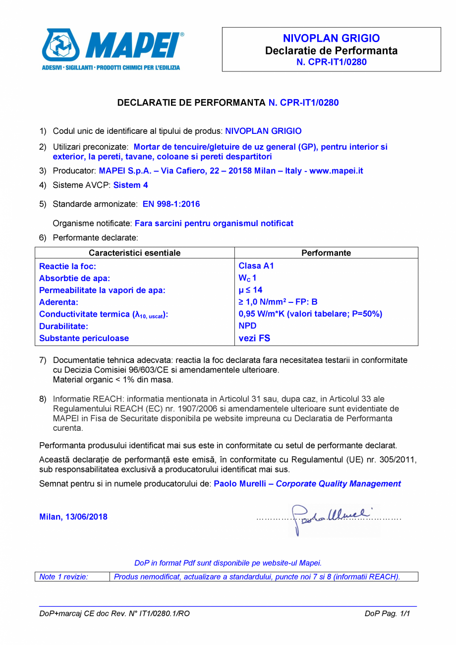 Pagina 1-Declaratie de performanta - Mortar de tencuire/gletuire de uz general (GP), pentru interior si...
