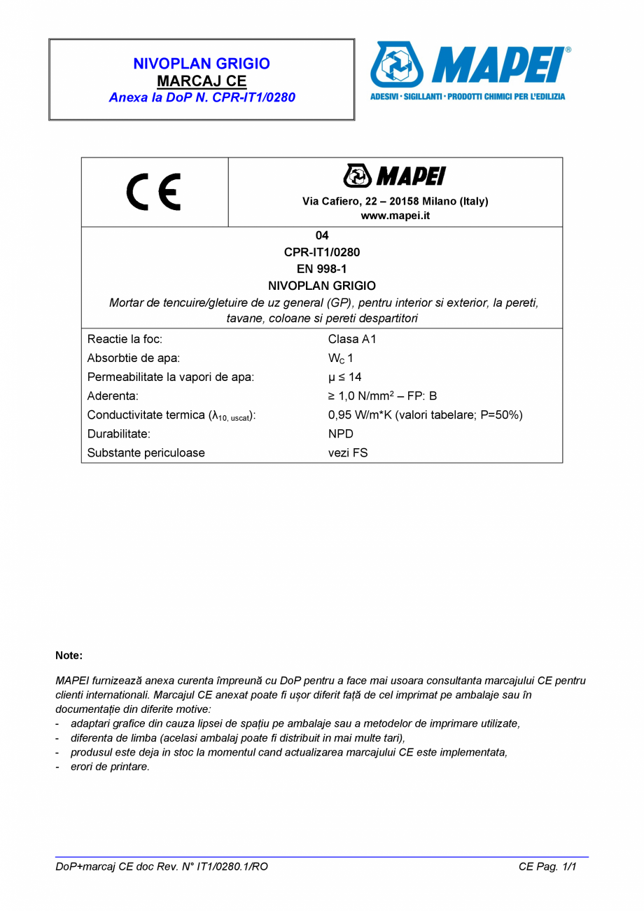 Pagina 2-Declaratie de performanta - Mortar de tencuire/gletuire de uz general (GP), pentru interior si...