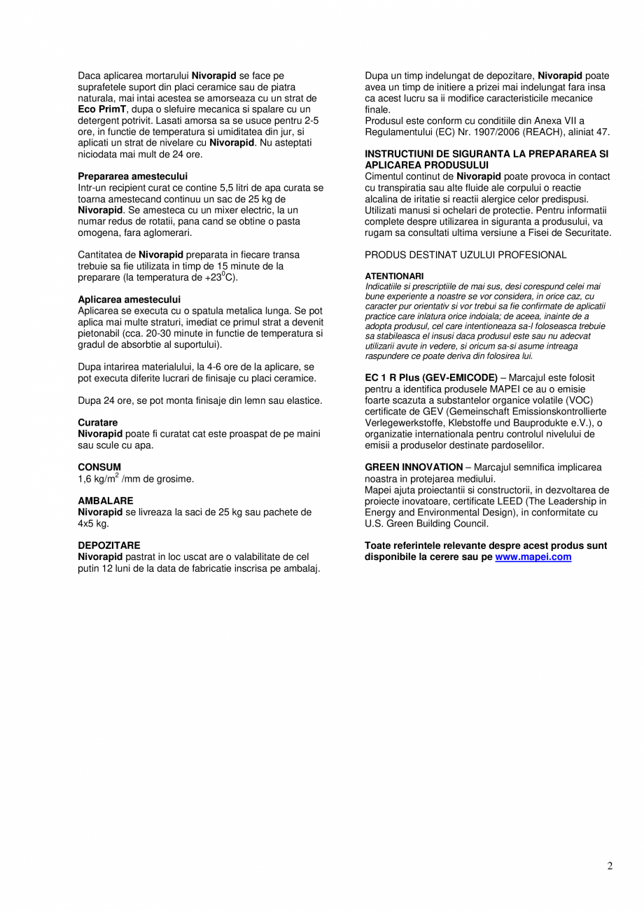 Pagina 2-Mortar pe baza de ciment cu priza si intarire ultrarapida, tixotropic, pentru nivelarea suprafetelor...