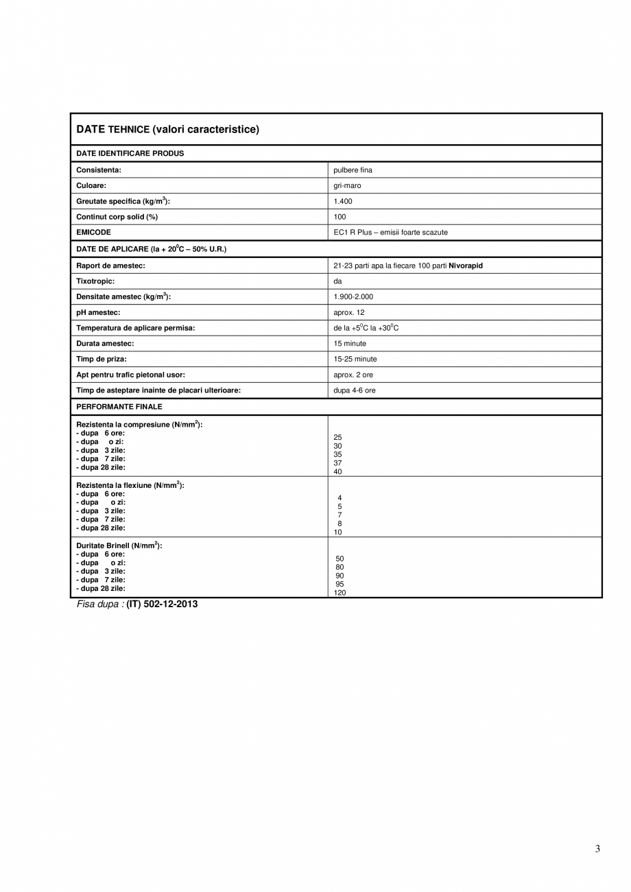 Pagina 3-Mortar pe baza de ciment cu priza si intarire ultrarapida, tixotropic, pentru nivelarea suprafetelor...