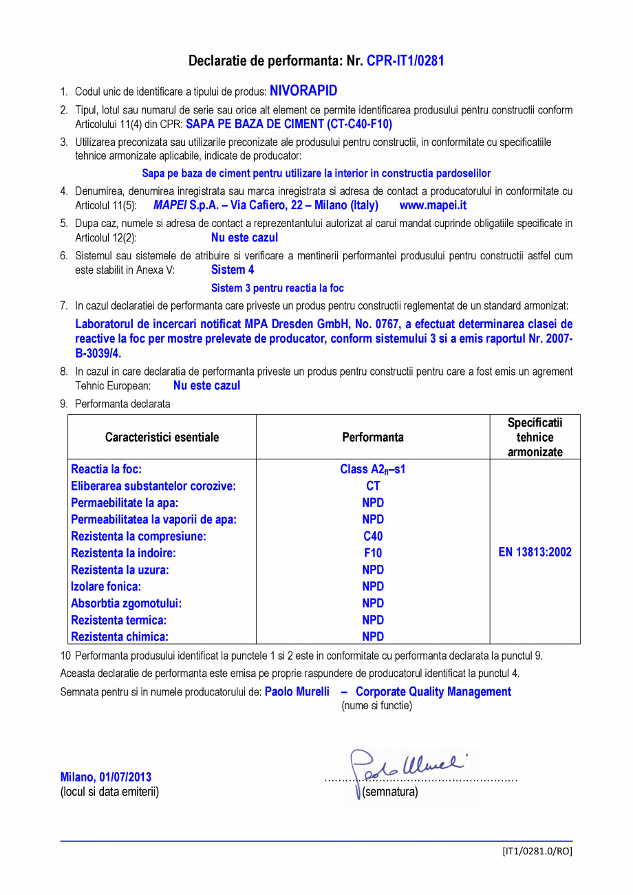 Pagina 1-Declaratie de performanta - Sapa pe baza de ciment pentru utilizare la interior in constructia...