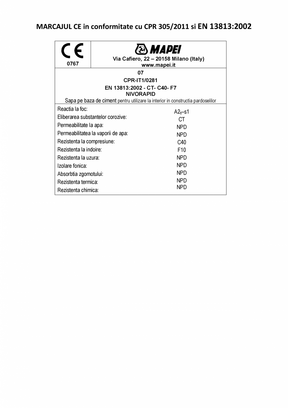 Pagina 2-Declaratie de performanta - Sapa pe baza de ciment pentru utilizare la interior in constructia...