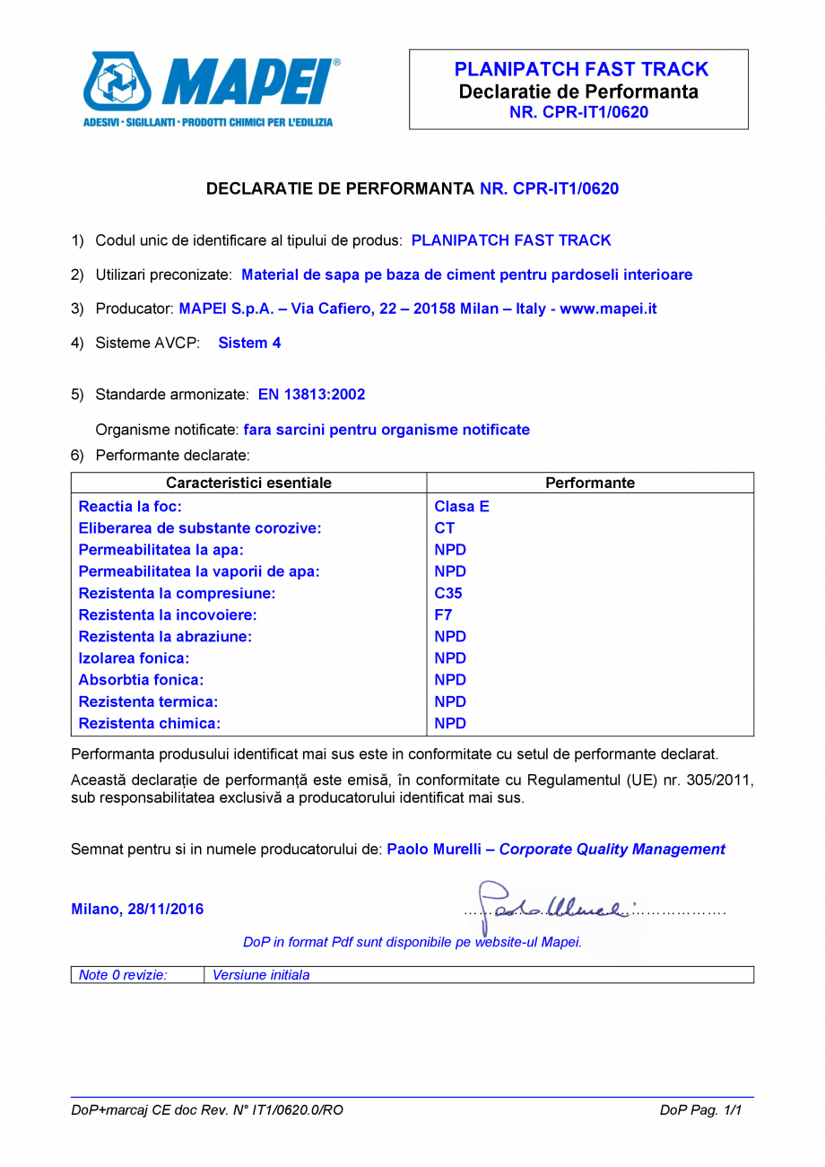 Pagina 1-Declaratie de performanta - Material de sapa pe baza de ciment pentru pardoseli interioare MAPEI...