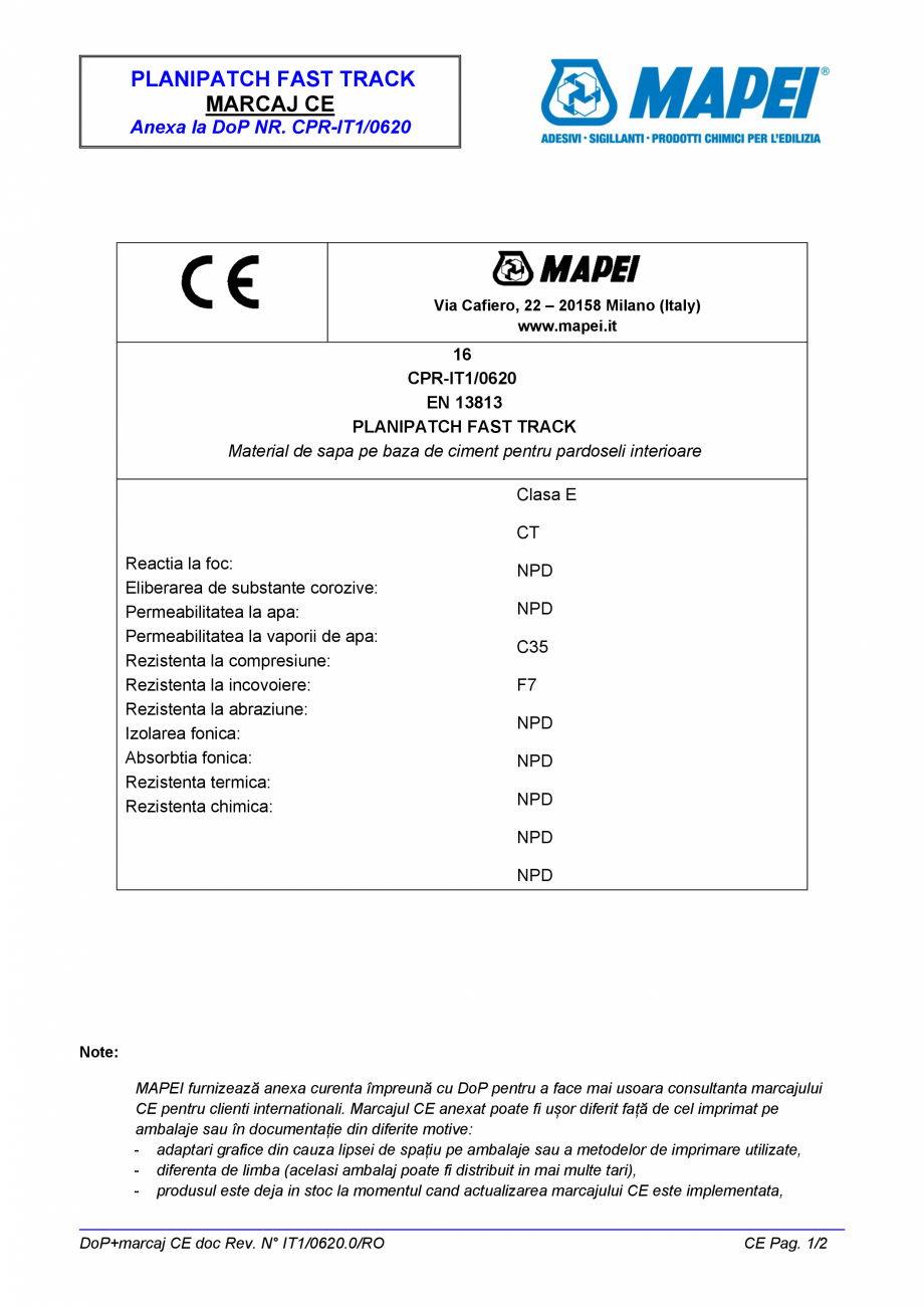 Pagina 2-Declaratie de performanta - Material de sapa pe baza de ciment pentru pardoseli interioare MAPEI...