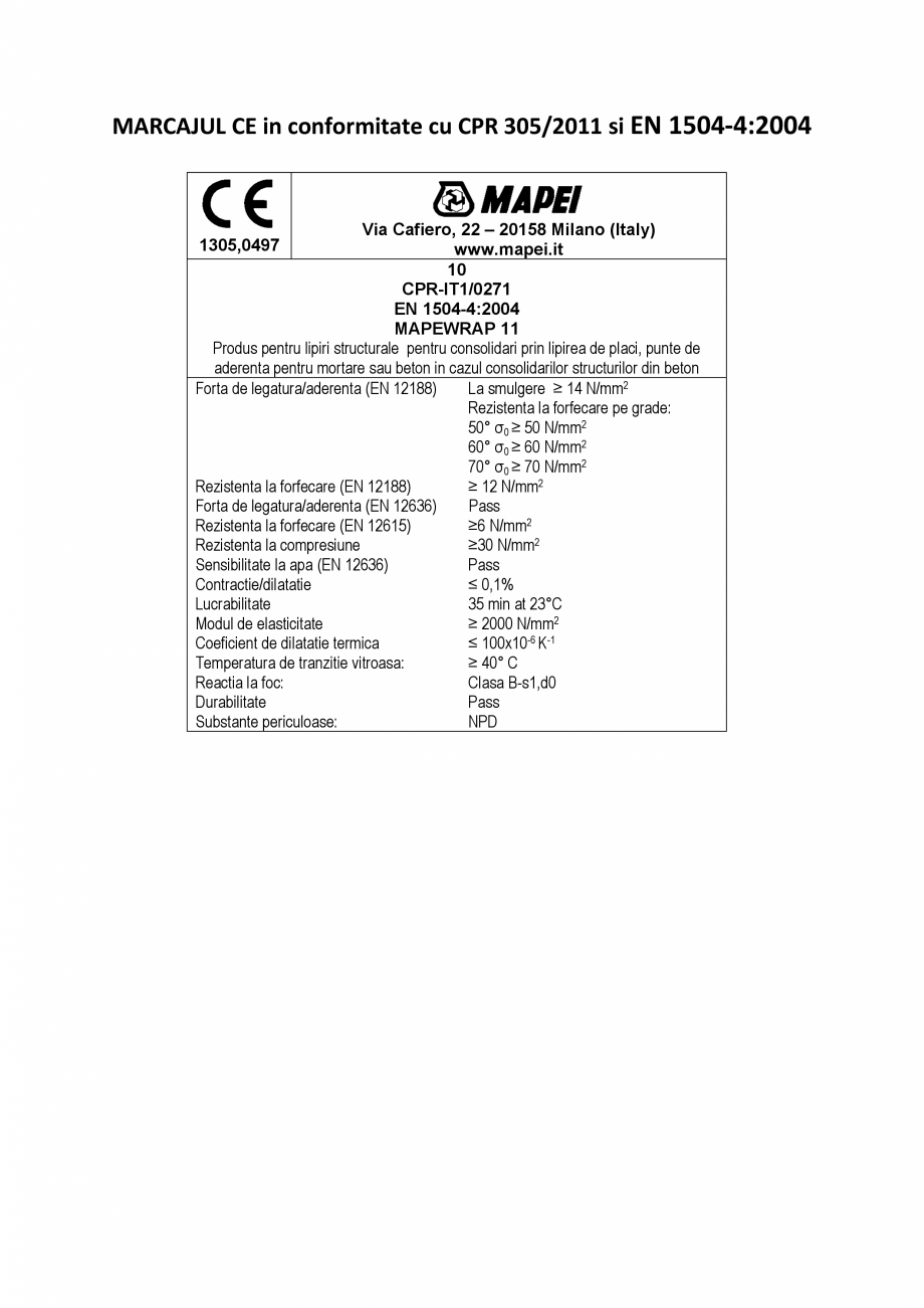 Pagina 2-Declaratie de performanta - Rasina epoxidica bi-componenta pentru lipiri structurale  MAPEI MAPEWRAP...