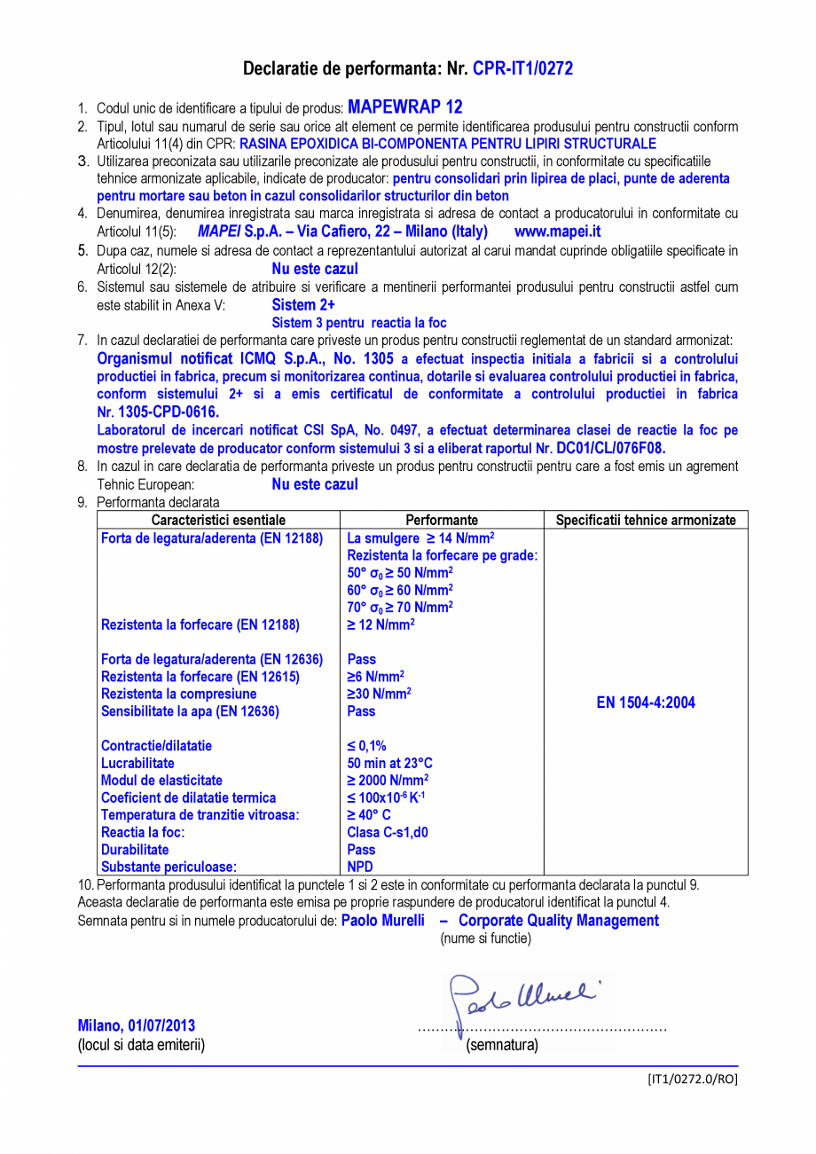 Pagina 1-Declaratie de performanta - Rasina epoxidica bi-componenta pentru lipiri structurale MAPEI MAPEWRAP ...