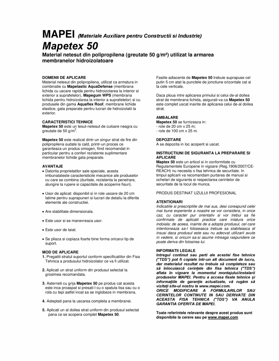 Pagina 1-Material netesut din polipropilena utilizat la armarea membranelor hidroizolatoare MAPEI MAPETEX 50 ...