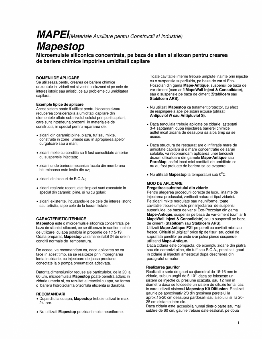 Pagina 1-Microemulsie siliconica concentrata pentru crearea de bariere chimice impotriva umiditatii capilare ...
