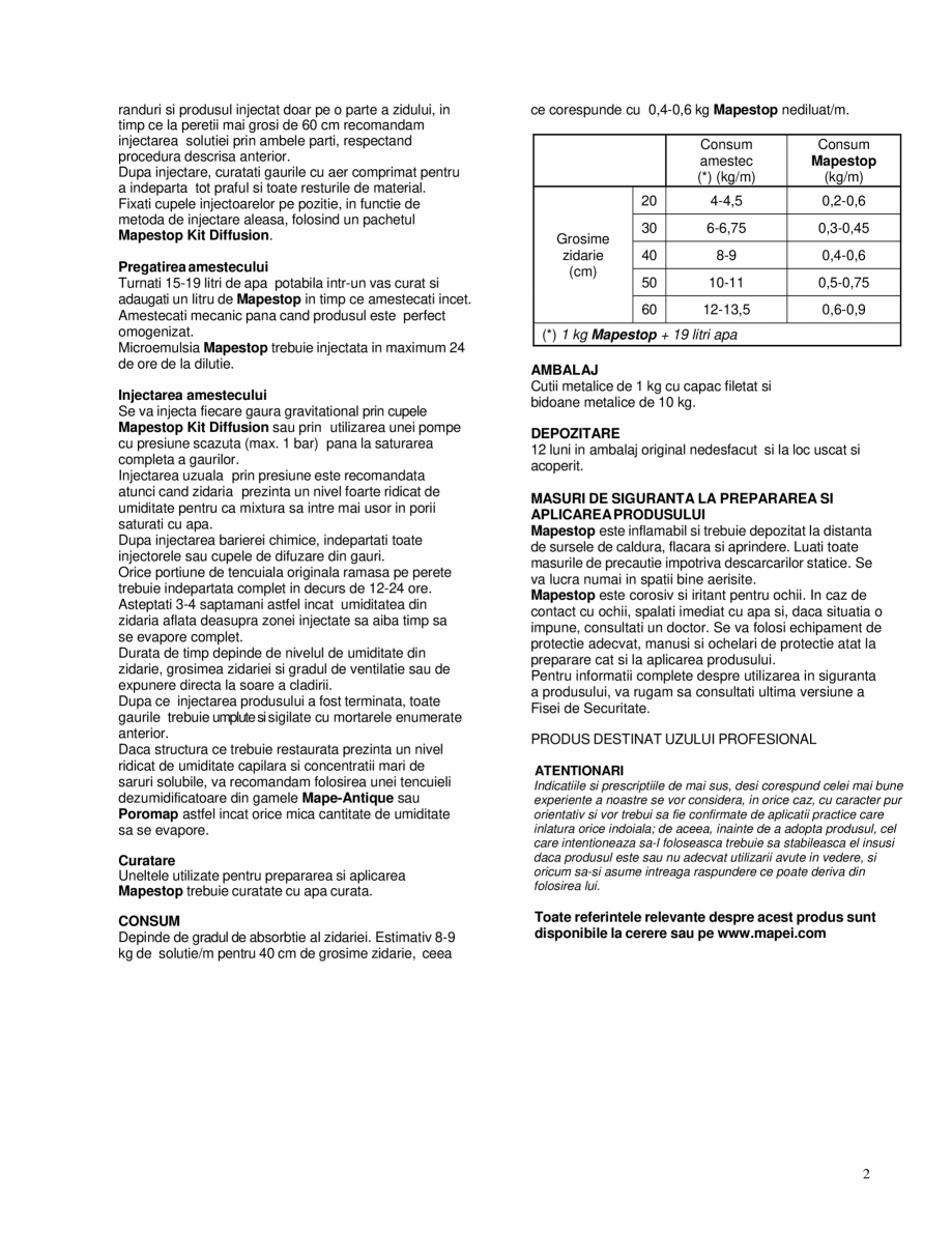 Pagina 2-Microemulsie siliconica concentrata pentru crearea de bariere chimice impotriva umiditatii capilare ...