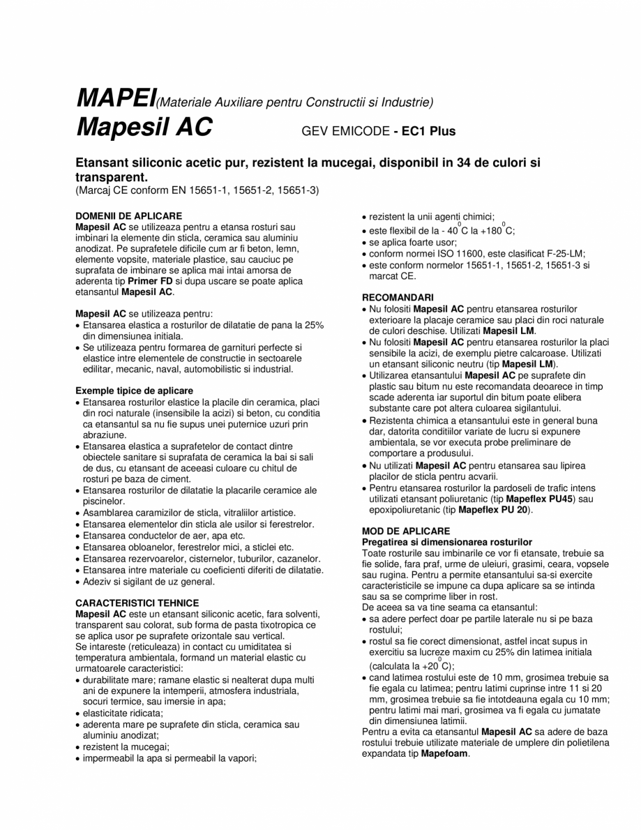 Pagina 1 - Etansant siliconic acetic pur, rezistent la mucegai MAPEI MAPESIL AC Fisa tehnica Romana ...