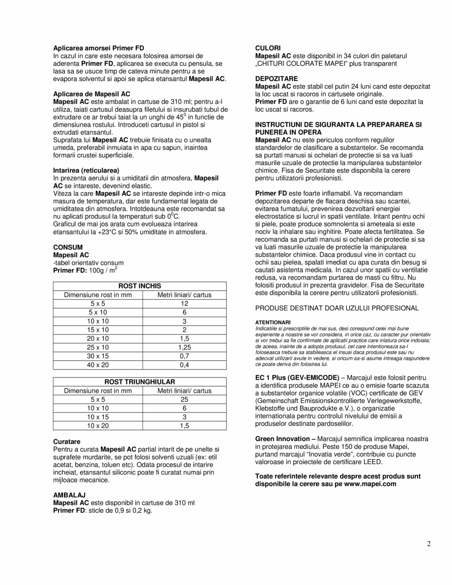 Pagina 2-Etansant siliconic acetic pur, rezistent la mucegai MAPEI MAPESIL AC Fisa tehnica Romana aturale...