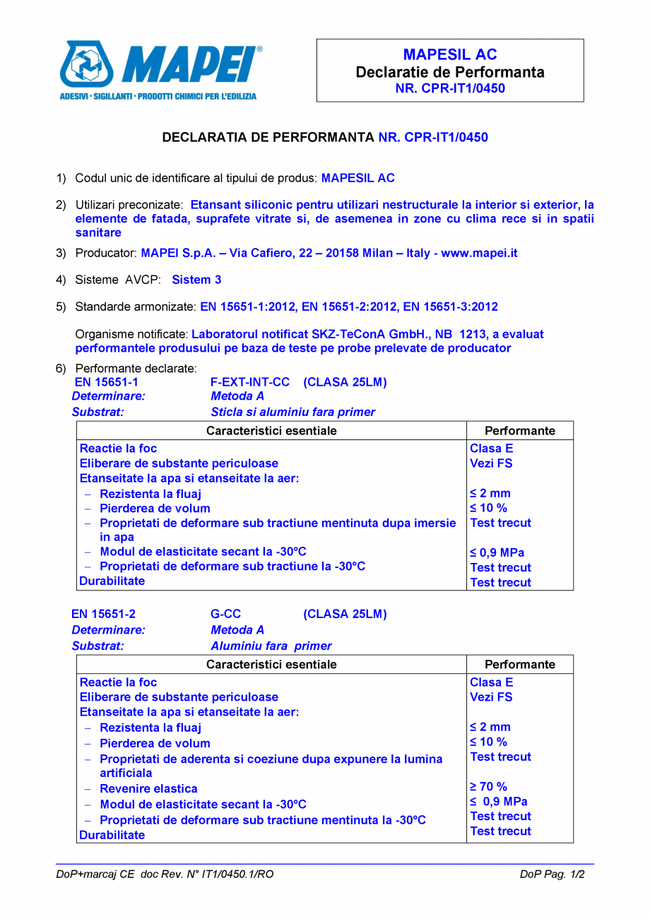 Pagina 1-Declaratie de performanta pentru etansant siliconic MAPEI MAPESIL AC Certificare produs Romana...