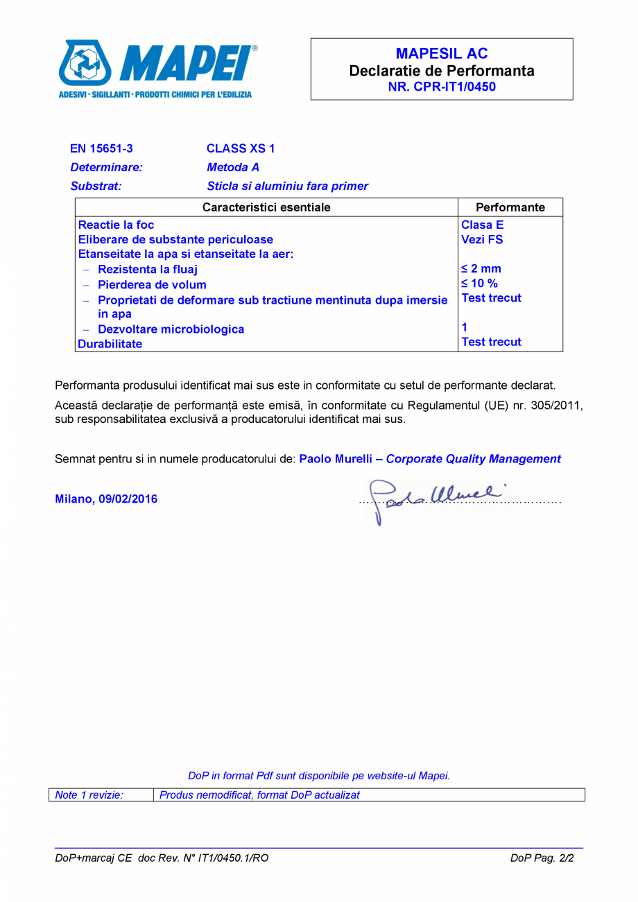 Pagina 2-Declaratie de performanta pentru etansant siliconic MAPEI MAPESIL AC Certificare produs Romana 
 ...