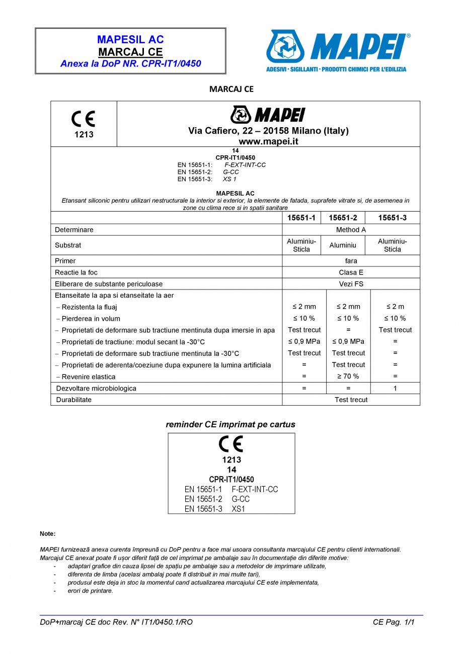 Pagina 3-Declaratie de performanta pentru etansant siliconic MAPEI MAPESIL AC Certificare produs Romana oda A...
