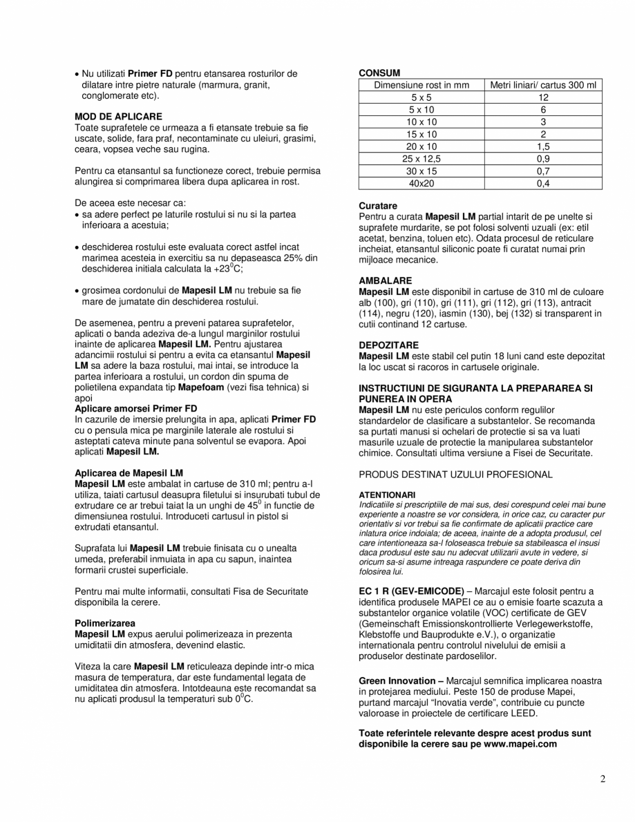 Pagina 2-Etansant siliconic neutral, rezistent la mucegai MAPEI MAPESIL LM Fisa tehnica Romana sau ciment...