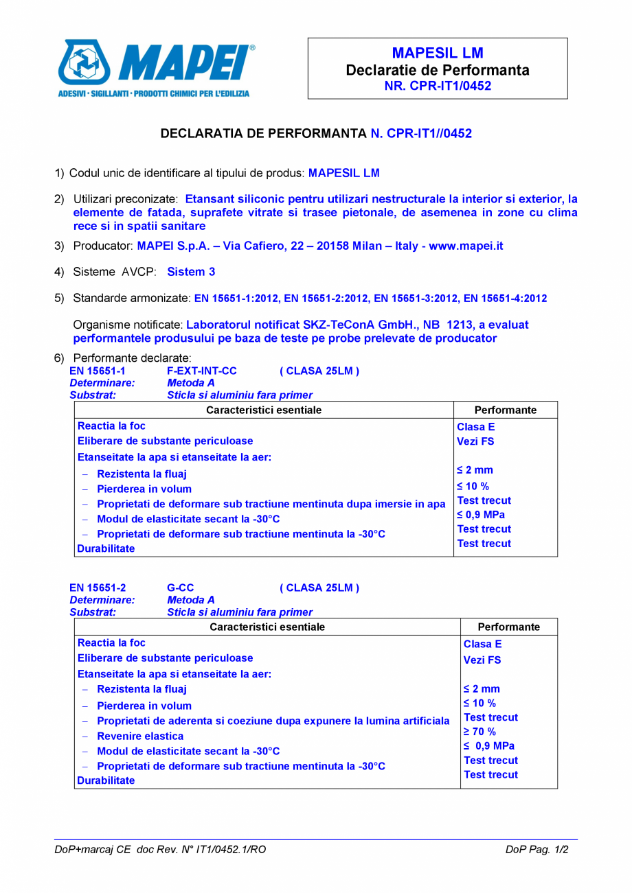 Pagina 1-Declaratie de performanta pentru etansant siliconic MAPEI MAPESIL LM Certificare produs Romana...
