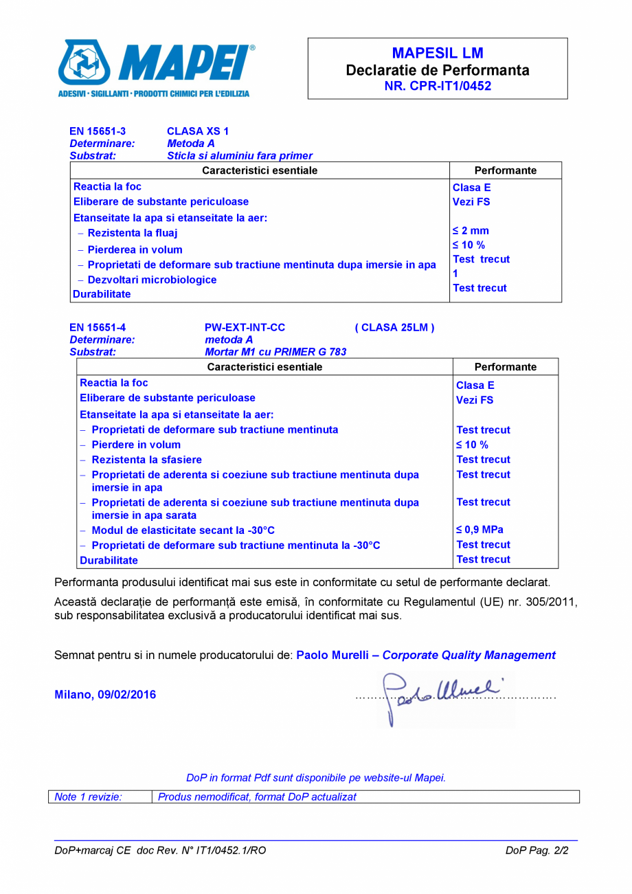 Pagina 2-Declaratie de performanta pentru etansant siliconic MAPEI MAPESIL LM Certificare produs Romana...