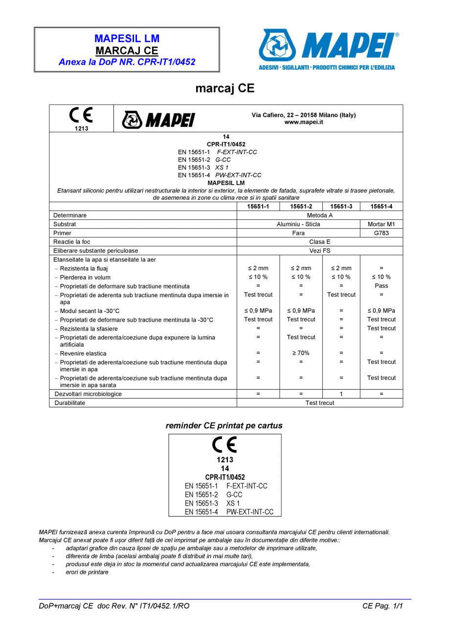 Pagina 3-Declaratie de performanta pentru etansant siliconic MAPEI MAPESIL LM Certificare produs Romana ta
NR...
