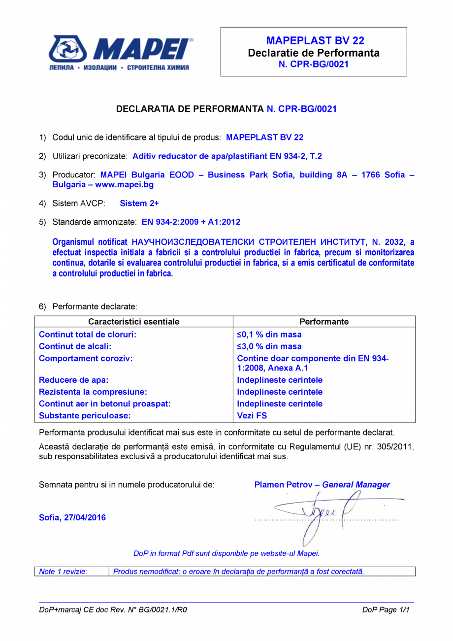 Pagina 1 - Declaratie de performanta - Aditiv reducator de apa/plastifiant EN 934-2, T.2 MAPEI...