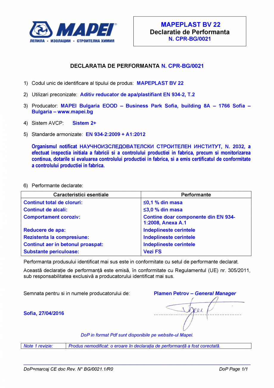 Pagina 1-Declaratie de performanta - Aditiv reducator de apa/plastifiant EN 934-2, T.2 MAPEI MAPEPLAST BV22...