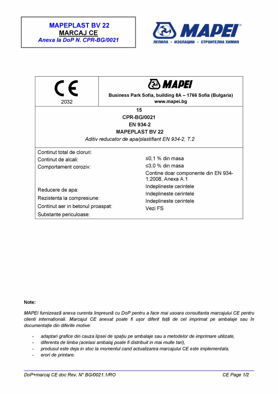 Pagina 2-Declaratie de performanta - Aditiv reducator de apa/plastifiant EN 934-2, T.2 MAPEI MAPEPLAST BV22...