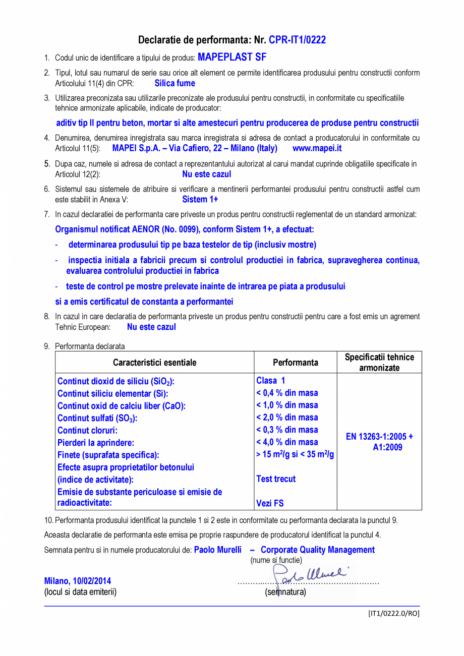 Pagina 1-Declaratie de performanta - Aditiv tip II pentru beton, mortar si alte amestecuri  MAPEI MAPEPLAST...