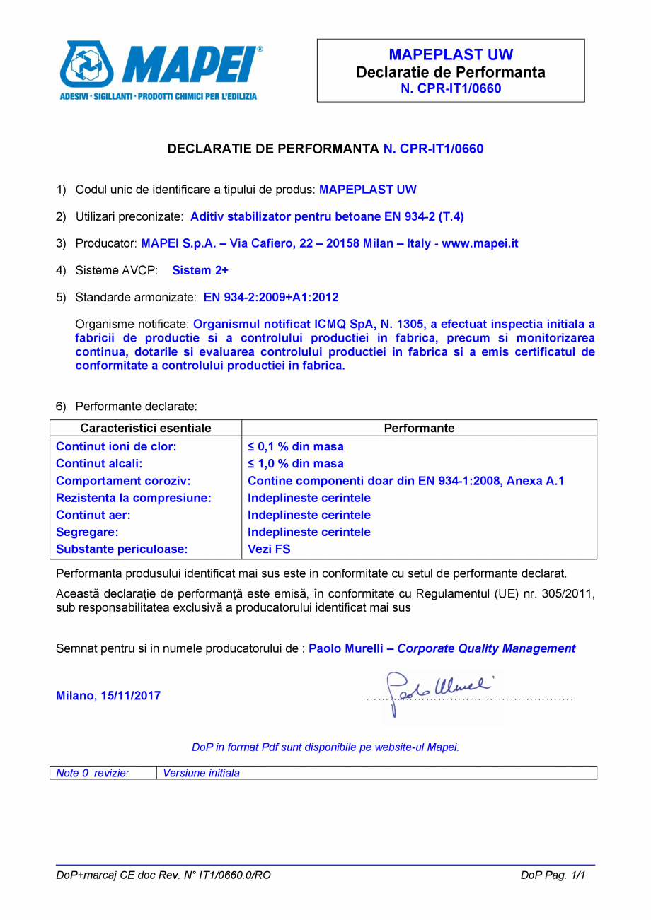 Pagina 1-Declaratie de performanta - Aditiv stabilizator pentru betoane EN 934-2 (T.4) MAPEI MAPEPLAST UW...