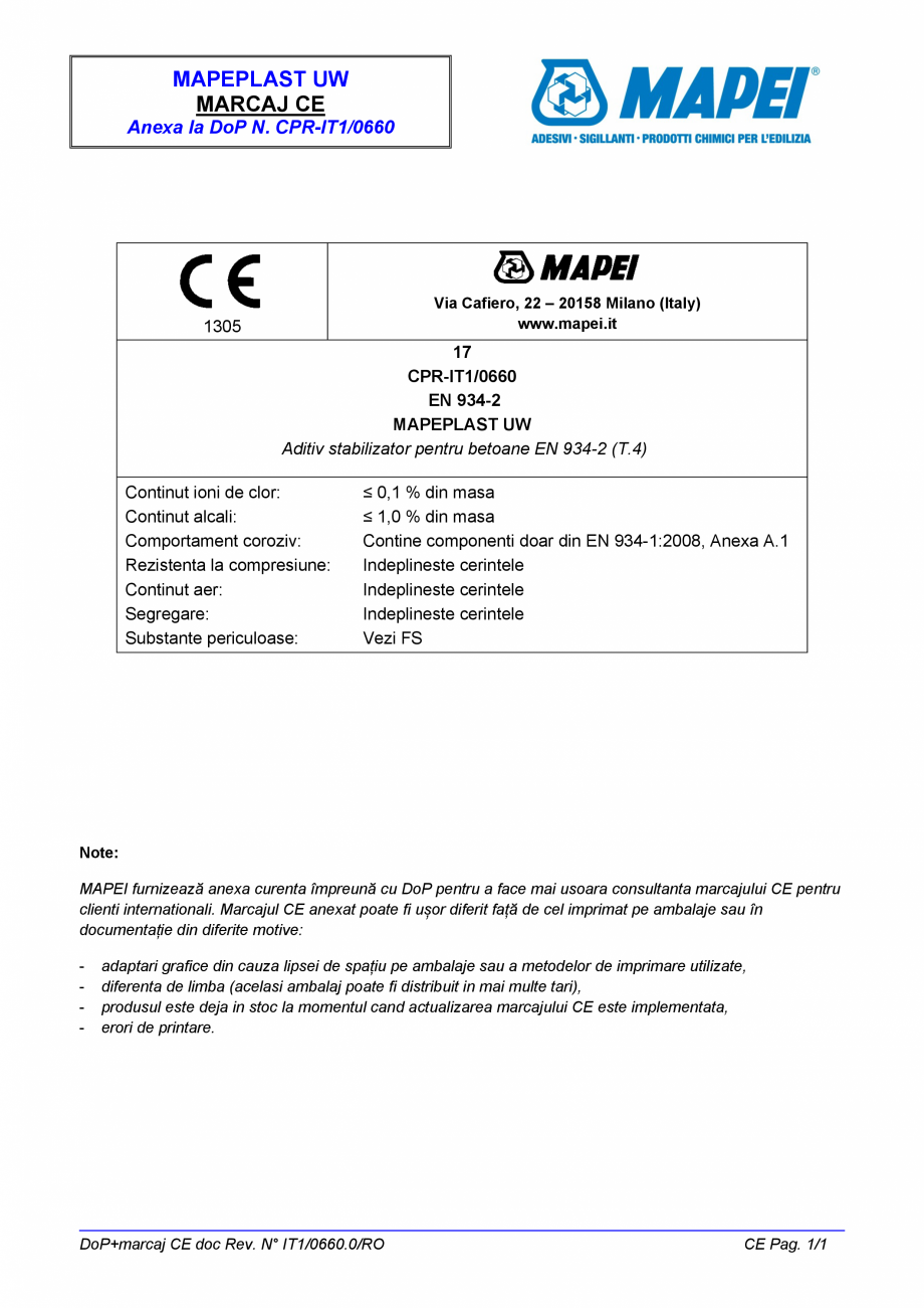 Pagina 2-Declaratie de performanta - Aditiv stabilizator pentru betoane EN 934-2 (T.4) MAPEI MAPEPLAST UW...