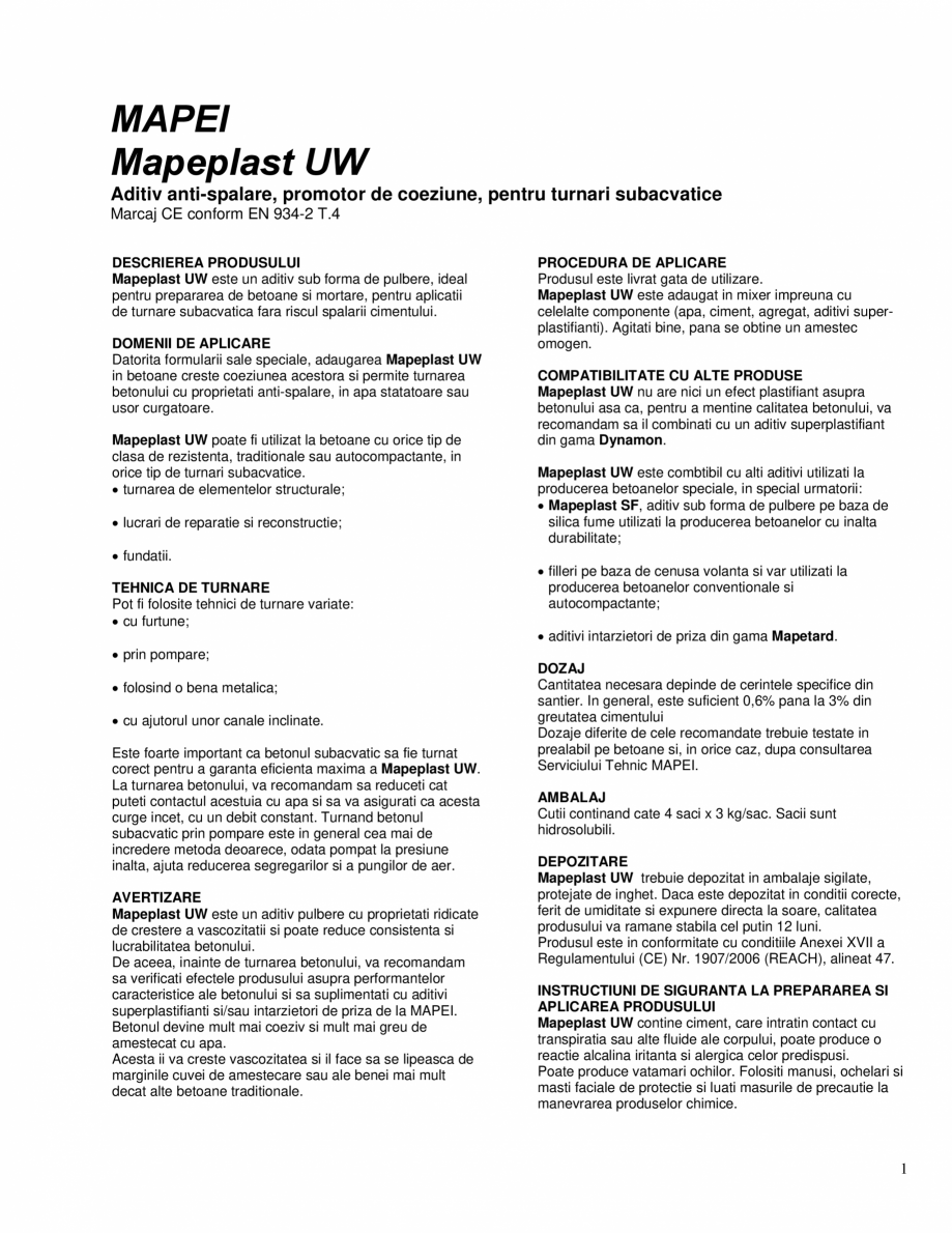 Pagina 1-Aditiv anti-spalare, promotor de coeziune, pentru turnari subacvatice MAPEI MAPEPLAST UW Fisa...