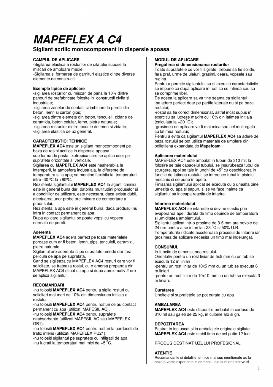 Pagina 1-Sigilant acrilic monocomponent in dispersie apoasa MAPEI MAPEFLEX AC4 Fisa tehnica Romana MAPEFLEX A...