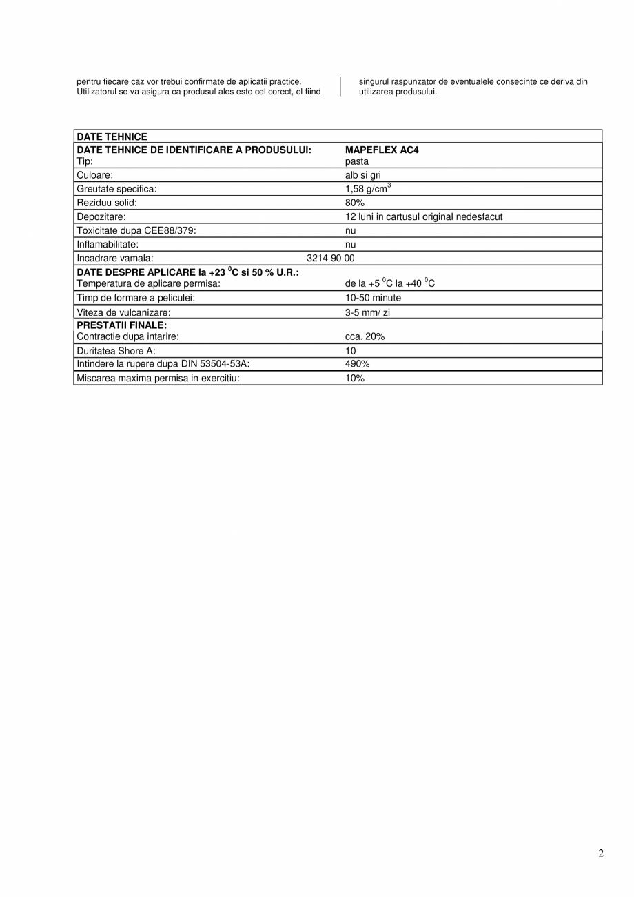Pagina 2-Sigilant acrilic monocomponent in dispersie apoasa MAPEI MAPEFLEX AC4 Fisa tehnica Romana atura si...