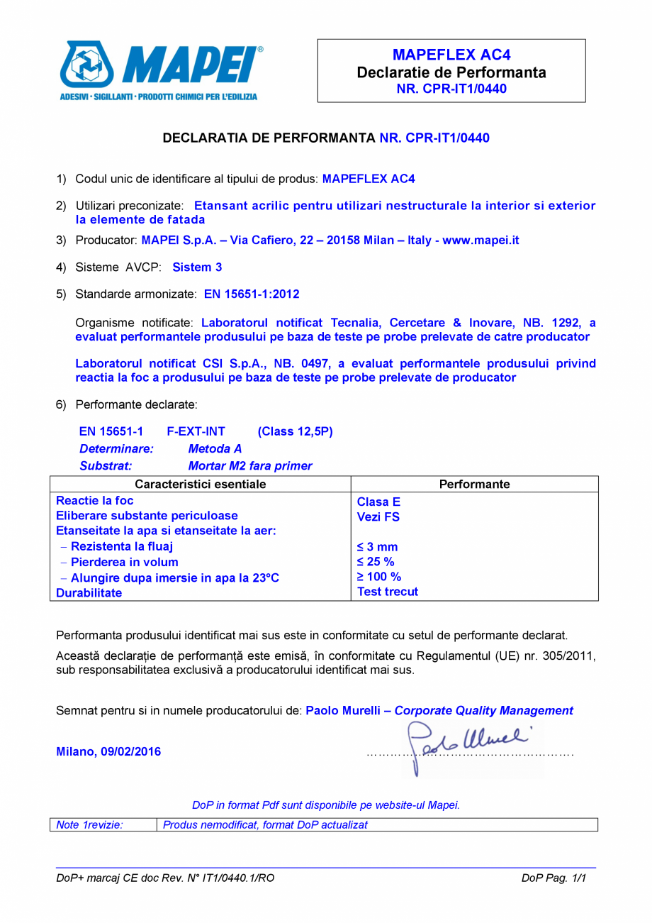 Pagina 1-Declaratie de performanta - Etansant acrilic pentru utilizari nestructurale la interior si exterior ...