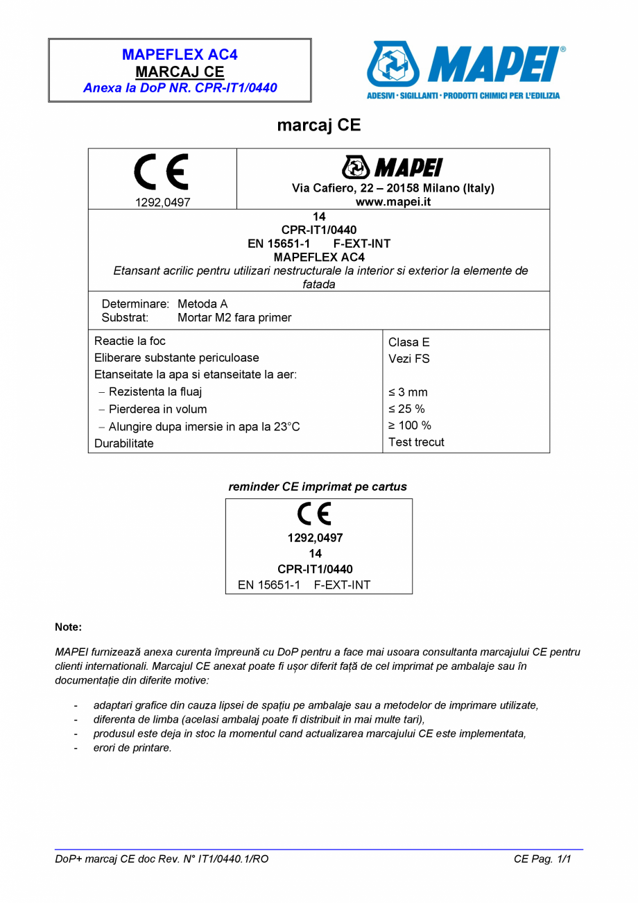 Pagina 2-Declaratie de performanta - Etansant acrilic pentru utilizari nestructurale la interior si exterior ...