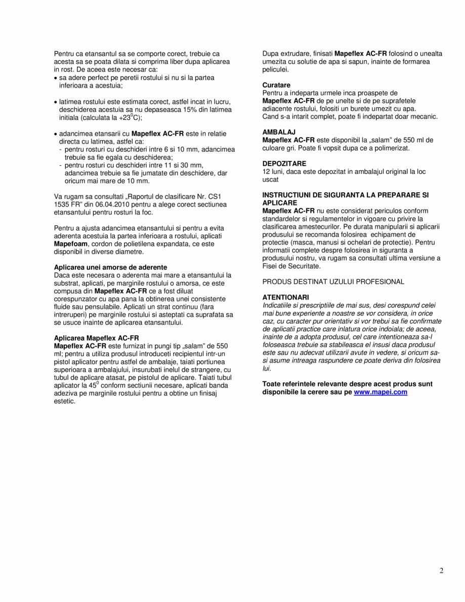 Pagina 2-Etansant acrilic rezistent la foc MAPEI MAPEFLEX AC-FR Fisa tehnica Romana olor
Pittura sau...