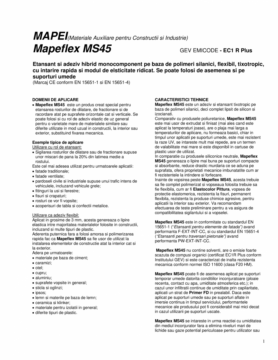 Pagina 1 - Etansant si adeziv hibrid monocomponent MAPEI MAPEFLEX MS45 Fisa tehnica Romana...
