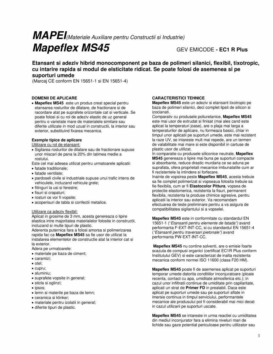 Pagina 1-Etansant si adeziv hibrid monocomponent MAPEI MAPEFLEX MS45 Fisa tehnica Romana MAPEI(Materiale...
